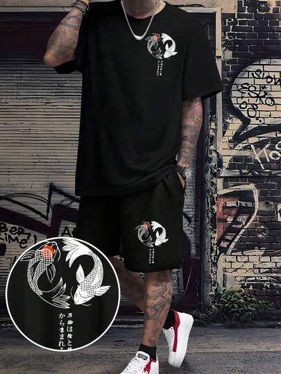 Men's Standard Size Summer Creative Japanese "Koi Fish" Graphic Print Casual Commuter Round Neck T-Shirt Set