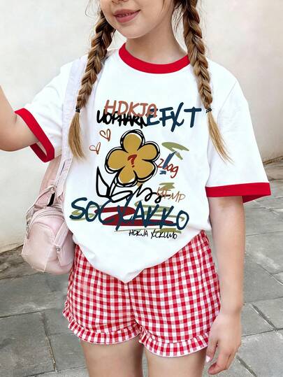 Set de 2 piezas de camiseta de manga corta holgada y pantalones cortos a cuadros, adecuado para el hogar, actividades al aire uso diario