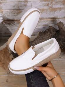 新款一脚蹬平底帆布鞋，舒适休闲乐福鞋，步行鞋，时尚休闲百搭 - 白棕 - 查看 2