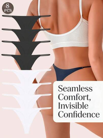 Set de 8 piezas de bragas tipo g-string de baja cintura y bordes delgados de color liso, cómodas y sexys para mujeres