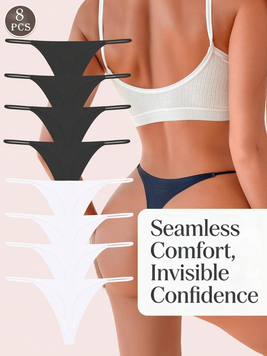 8pcs/Set Solid Color Seamless Thin-Edge Low-Rise G-String Panties, Comfortable & Sexy For Women - Multicolor - View 1