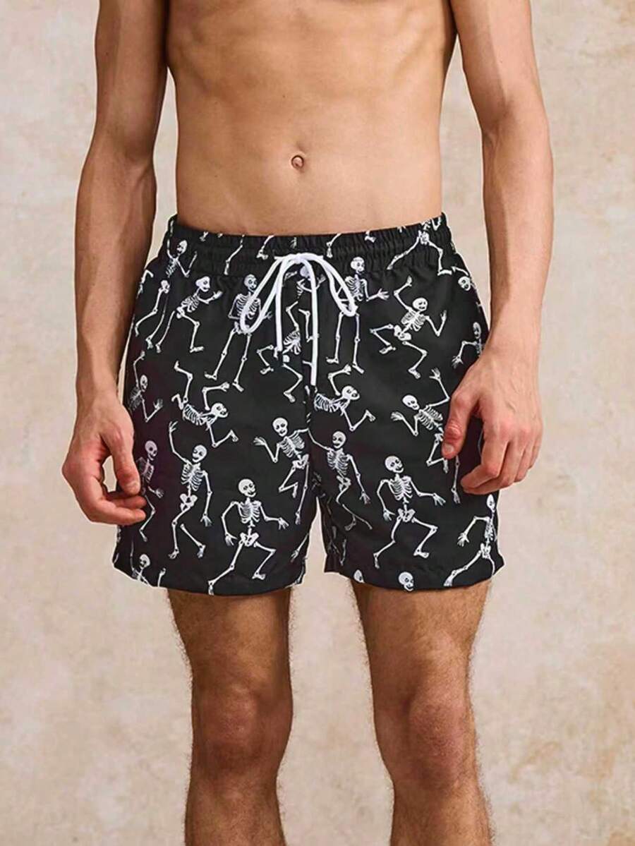 男士骷髅印花沙滩泳裤 - 黑色 - 查看 1