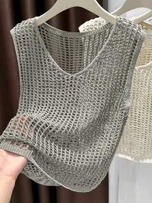 2026春夏新款女士镂空无袖针织上衣，适合情人节、度假穿着 - 灰色 - 查看 2