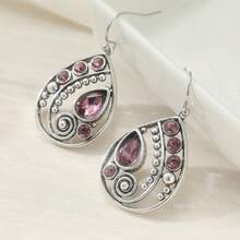 一对波西米亚风银色吊坠钩耳环，镶嵌紫色合成立方氧化锆，复古垂坠耳环，适合周年纪念、生日派对、晚宴等场合佩戴。 - 銀色 - 查看 8