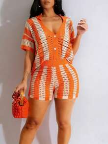Conjunto de top de punto calado y pantalones cortos a rayas de verano casual para mujer - Naranja - Ver 1