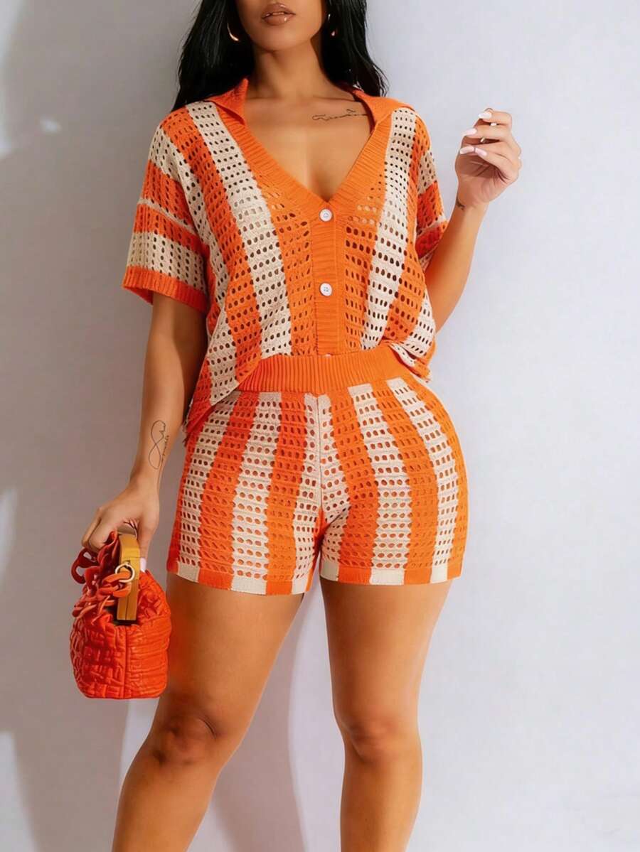 Conjunto de top de punto calado y pantalones cortos a rayas de verano casual para mujer - Naranja - Ver 1