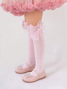 1 Pair Girls' Pearl, Mesh & Bow Heart Decor Knee High Socks, Spring/Summer - Pink - View 7