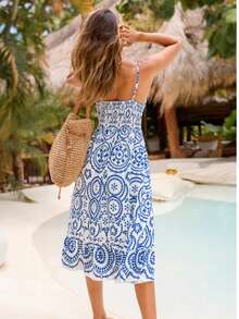 Robe bohème en lin à imprimé aléatoire, sans dos, avec franges, décontractée. Élégante pour les vacances à la plage, les fêtes d'été - Bleu azur - Voir 4