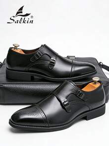 Pantofi eleganți bărbătești cu vârful ascuțit, design vintage Brogue, cu bareta Monk, pantofi eleganti formali pentru gentleman, potriviți pentru persoane de vârstă mijlocie, tineri, studenți, întoarcerea la școală, ceremonii de absolvire, birou, afaceri, petrecere, nuntă, mire, primăvară/vară/toamnă, mărime mare - Negru - Vizualizare 1