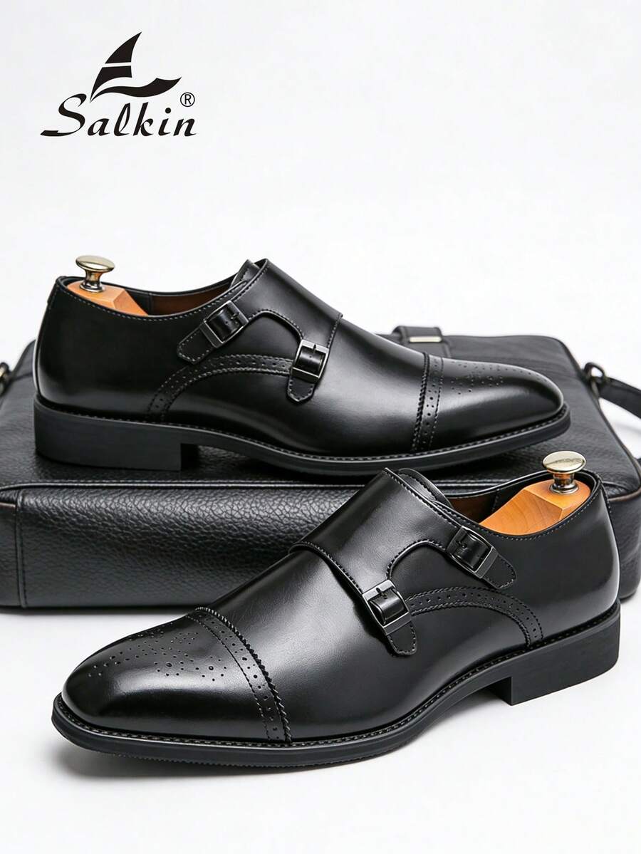 Pantofi eleganți bărbătești cu vârful ascuțit, design vintage Brogue, cu bareta Monk, pantofi eleganti formali pentru gentleman, potriviți pentru persoane de vârstă mijlocie, tineri, studenți, întoarcerea la școală, ceremonii de absolvire, birou, afaceri, petrecere, nuntă, mire, primăvară/vară/toamnă, mărime mare - Negru - Vizualizare 1