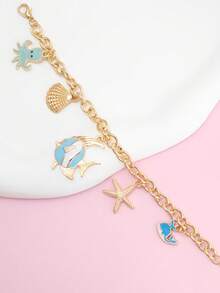 1pc Cute Ocean Style Dolphin, Fish, Shell Charm Bracelet, Perfect Summer Accessory To Match Beautiful Outfits - Gold - View 3