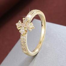 1枚经典十字叶形设计立方氧化锆镶嵌时尚戒指，女士款 - 彩色 - 查看 30