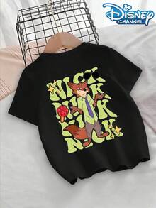 Disney Girls' T-Shirt With Nick Wilde Cartoon Print And Letter Pattern, Casual And Stylish Summer Everyday Wear, Round Neck Short Sleeve. - màu đen - Xem 3