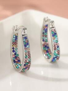 1 Pair U-Shaped Earrings, Inlaid With Multi-Color Synthetic Zirconia Stones, Showcasing A Vibrant, Eye-Catching Party Style. They Are Ideal For Music Festivals And Themed Parties. - Colorful - View 7