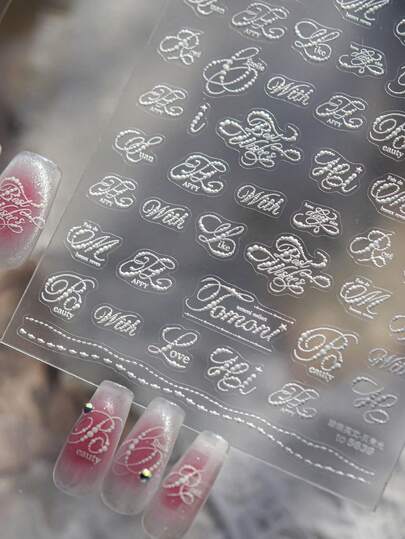 1pc Pearl English Seashell Glow Sparkling Alphabet Modern Minimalist Nail Art Stickers 5D Chic Typography Nail Decals Self-Adhesive Manicure Accents For Women And Girls