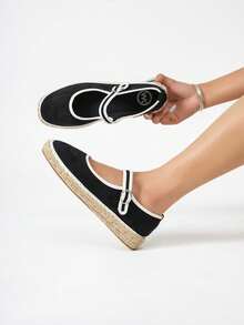 Women's Flat Espadrilles, Round Toe And Buckle Closure, Suitable For Vacation And Daily Wear - màu đen - Xem 2