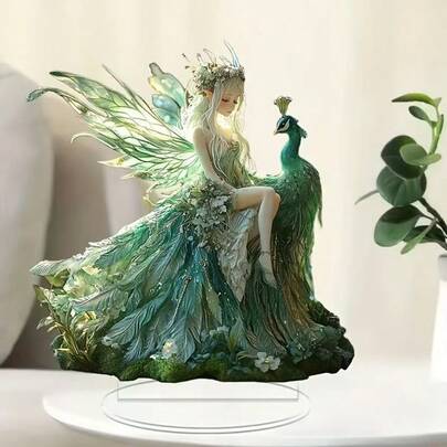 Peacock Fairy 2D Acrylic Decor, Aesthetic Desktop Ornament, Enchanted Forest Theme Statue, Fantasy Elf Art Display, Home Decor Accent, Fairy Figurine, Mythical Creature Decor, Eye-Catching Tabletop Decoration