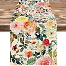1pc Watercolor Rose Patterned Table Runner, Suitable For Spring/Summer Restaurant And Party Decoration - Multicolor - View 3