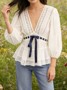 Women's Front-Tie Long-Sleeve Going Out Top Lace Trim Button-Down Shirt V-Neck Loose-Fit Shirt Spring Y2k Style Clothing - 白色 - 查看 4