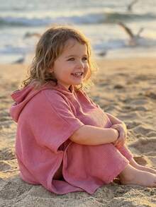 Kids Casual Hooded Cover Up Stylish Poncho Style Solid Color Lightweight Loose Fit Bathing Suit Wraps For Pool Beach - 藕粉色 - 查看 3