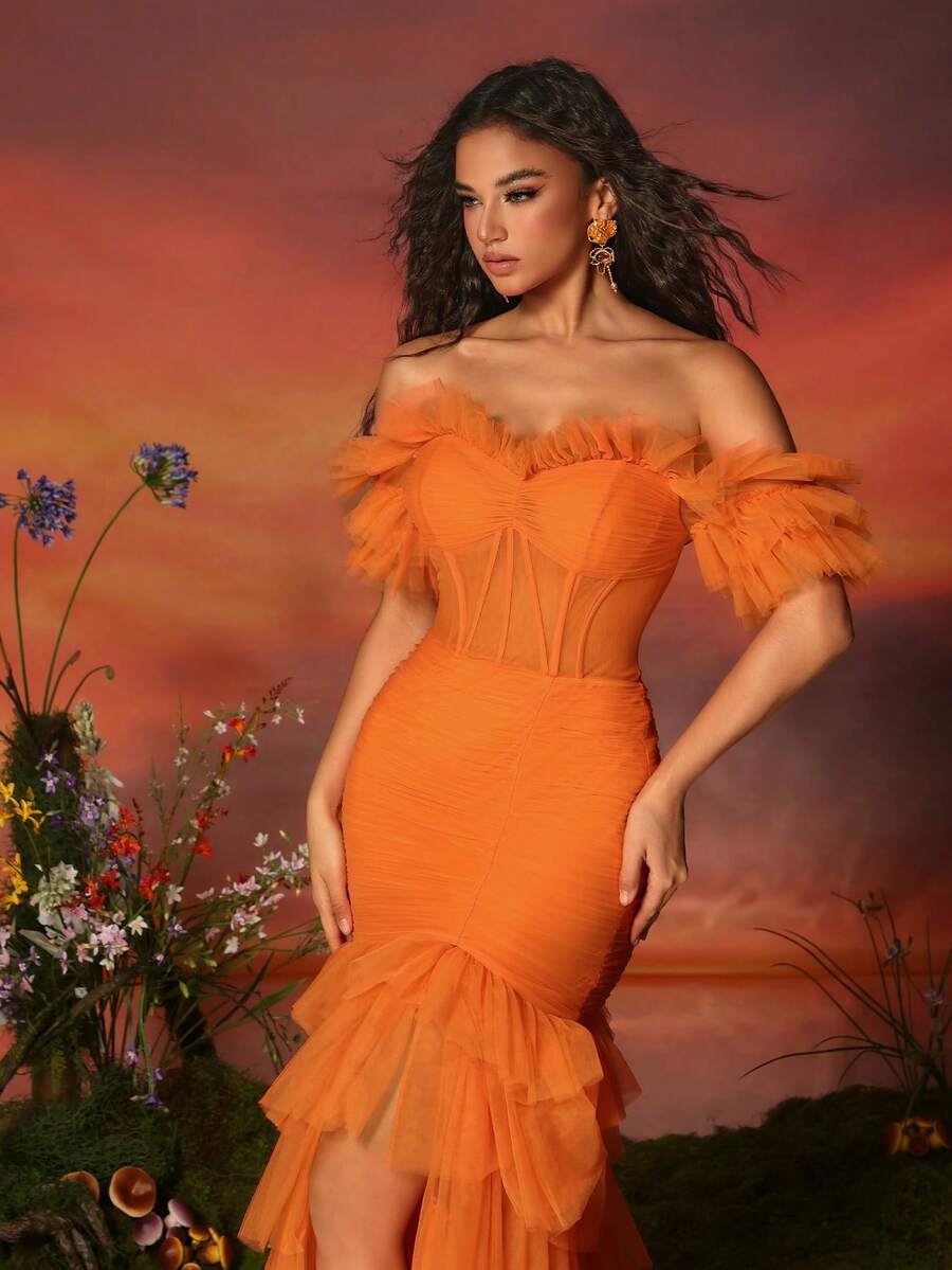 VIPGIRL Women's Off-Shoulder Mesh High Slit Ruffle Hem Evening Gown, Orange Dress - Orange - View 1