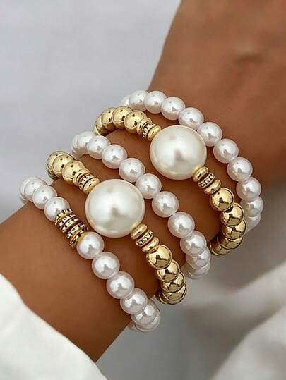 7/5/4pcs Vintage Elegant Casual Luxurious Pearl Elastic Bracelet Set, Includes Pearl, Heart, Starfish, Shell, Rhinestone Multi-Element Design, Suitable For Daily, Party, Date, Wedding, Beach, Holiday, Gift