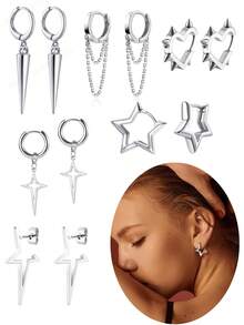 时尚独特个性化朋克极简主义尖刺吊坠耳环，男女皆宜 - 银色低过敏性吊坠耳环，可佩戴于耳骨，几何造型，适合各种耳廓。 - 銀色 - 查看 16