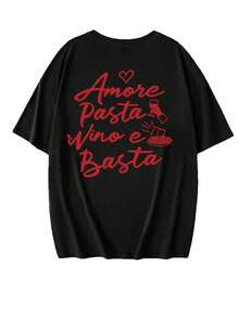 Playera Mujer Amplia Estampado Gráfico Primavera Verano, Nueva Moda Minimalista, Estampado de Letras de Vino y Pasta Italiana, Camiseta Casual de Manga Corta con Cuello Redondo, Top Versátil y Elegante para Mujer, Negro - Negro - Ver 4