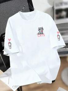 Girls' Cartoon Cat & Heart Print Round Neck Short Sleeve T-Shirt, Casual Soft Top For Summer - White - View 2