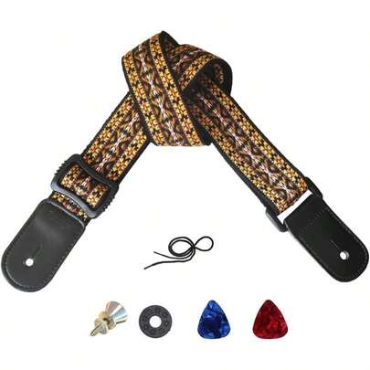 Ukulele Strap Soprano Concert Tenor Baritone Uke Mandolin Banjo Cotton Soft Country Style With Picks Lock Button End Pin Musical Instrument Accerssories (Woven Yellow)
