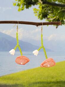 1 Pair Cute Beach Vibe Glass Beaded Pink Flower Dangle Earrings, Suitable For Beach Vacation, Elegant Women, Wedding, Engagement, Casual Holiday, Honeymoon, Summer Wear - Pink - View 4