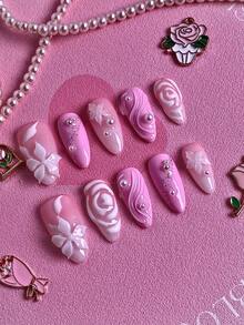 10PCS Women Nails Press On Nails Handmade Valentine's Day Pink Nails 3D Floral Rose Embossed Pearl Rhinestone Design Acrylic Material Reusable Easy Apply Remove Gentle Exquisite Ins Style Handmade Press On Nail Set With Nail Charms Nail Glue Nail Stickers - Multicolor - View 4