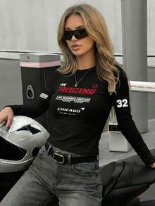 女士黑色圆领长袖修身短款T恤，美式街头性感风，黑色赛车风修身长袖上衣，Y2K女孩风格，秋冬女装，长袖上衣，黑色衬衫，男童衬衫，情人节女友礼物，情人节，情人节穿搭 - 黑色 - 查看 1