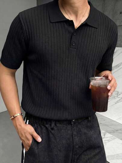 1pc Men's Black Polo Collar Short Sleeve Knit Sweater, Ribbed Texture, Polo Collar Button, Breathable Knit Fabric, Stretchy, Wrinkle-Resistant, Easy Care, Casual Comfortable Short Sleeve Polo Shirt, Suitable For Summer Urban Workplace And Business Meetings