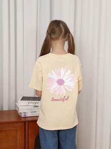 Tween Girl Floral Print Round Neck T-Shirt, Summer Top - Apricot - View 4