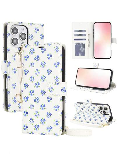 Funda de cartera de piel sintética con solapa y flores, con ranuras para tarjetas, soporte y correa de muñeca, compatible con iPhone 17 Air 16E 16 15 14 13 12 Mini 11 Pro X XS Max XR 8 7 Plus SE 2022 2020, con bloqueo RFID