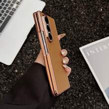 极简商务荔枝纹PU皮革电镀折叠手机壳，兼容三星Galaxy Z Fold 7/6/5/4/3 – 支持无线充电，全方位保护防震后盖 - 芥末黃 - 查看 6