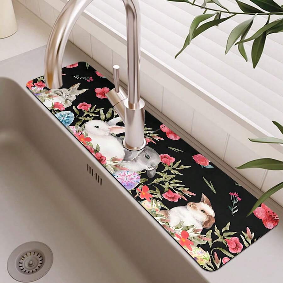 1pc Easter Bunny Printing Sink Faucet Water Absorption Pad, Drainage Pad, Kitchen, Bathroom Sink, Countertop, Drainage Pad, Diatomite Washbasin, And Cuttable Quick-Drying Pad.