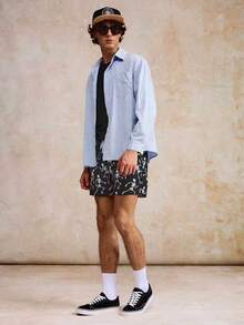 Men's Skull Print Beach Swim Shorts - Black - View 5