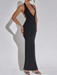 Rhinestone Embellished Floor Length Gown Sparkly Formal Dress For Red Carpet Evening Gown - Negro - Ver 3