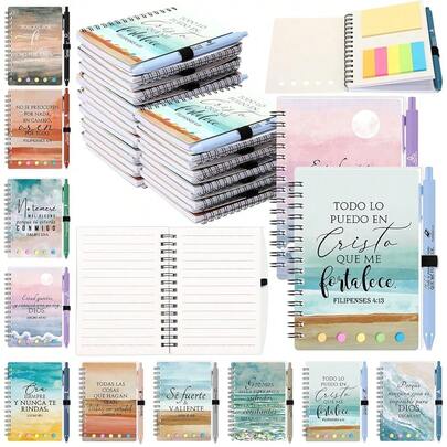 Set Spanish Chris 1tian Gift Regalos Cristianos En Español Bible Verse Notebooks Pens Prayer Spiral Journals Inspirational Gift For Women Men Sunday Schoolsss Study Chu 1rch(Watercolor,Classtic)