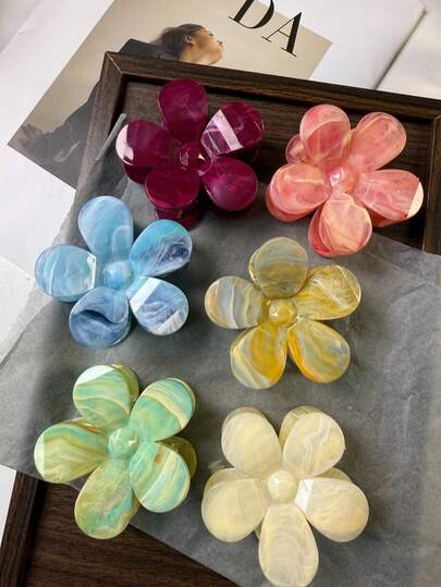 2个/6个彩色花朵发夹，优雅2026新款发夹，雏菊发夹，大理石纹街头风ABS塑料发夹，春夏款