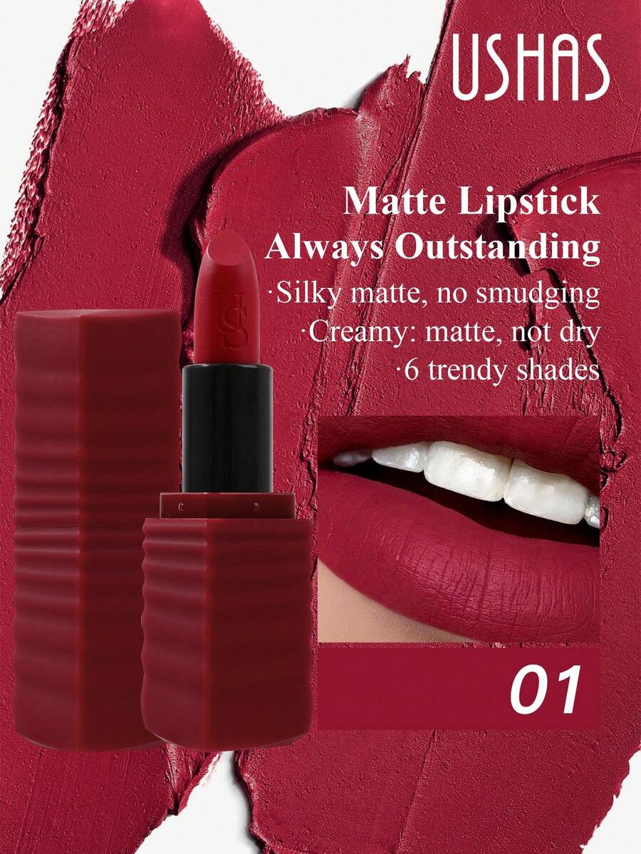 USHAS哑光唇膏，防水，持久，不粘腻，优雅的红粉色调，质地轻盈，适合所有肤质 - #01 - 查看 1