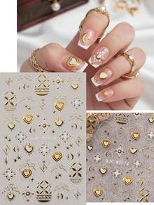 2片装浮雕金属质感美甲贴纸 - 奢华巴洛克风格金色心形皇冠星形图案美甲贴花 - 复古时尚，适合日常、派对、约会美甲DIY - 彩色 - 查看 3