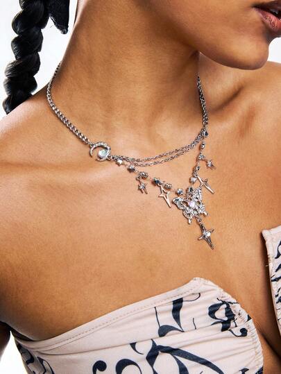 1pc Fashionable Vintage Rhinestone Butterfly Pendant With Star & Moon Charm Chain Match Stainless Steel Women's Necklace
