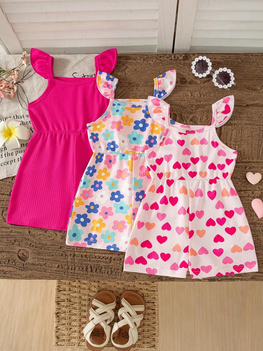 3pcs Baby Girls' Summer Fashion Heart Print + Floral Print + Solid Ribbed Ruffle Sleeve Romper Outfit, Suitable For Outdoor Wear - Multicolor - View 1