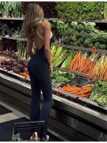 Dila Polly 女士夏季时尚撞色褶皱喇叭裤连体裤，露背镂空设计，宽圆领喇叭裤连体裤，百搭周末休闲连体裤，休闲瑜伽连体裤 - 黑色 - 查看 5