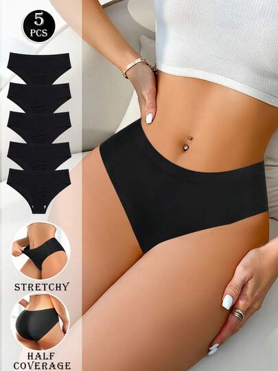 5条装 低腰弹力无痕内裤 女士透气半包臀无痕内裤 适合日常穿着、健身和运动