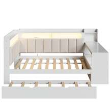 MERAX Full Size Daybed With Storage Shelves,Trundle,Charging Station,LED Light,Desk And Upholstered Headboard And Backrest,White+Beige-Trundle - Giường cỡ lớn - màu trắng (có giường kéo phụ) - Xem 8