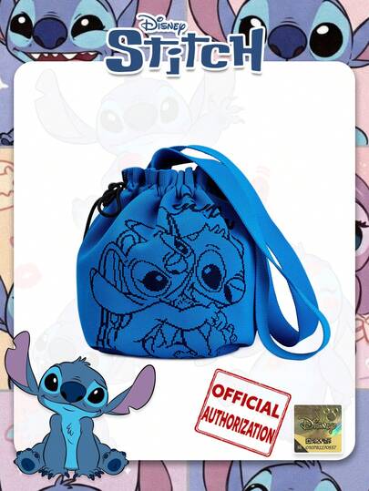 【迪士尼】卡通史迪奇图案水桶包，抽绳水桶包，时尚设计，可折叠便携，适合旅行、购物、聚会、日常使用，是送给朋友的理想礼物。